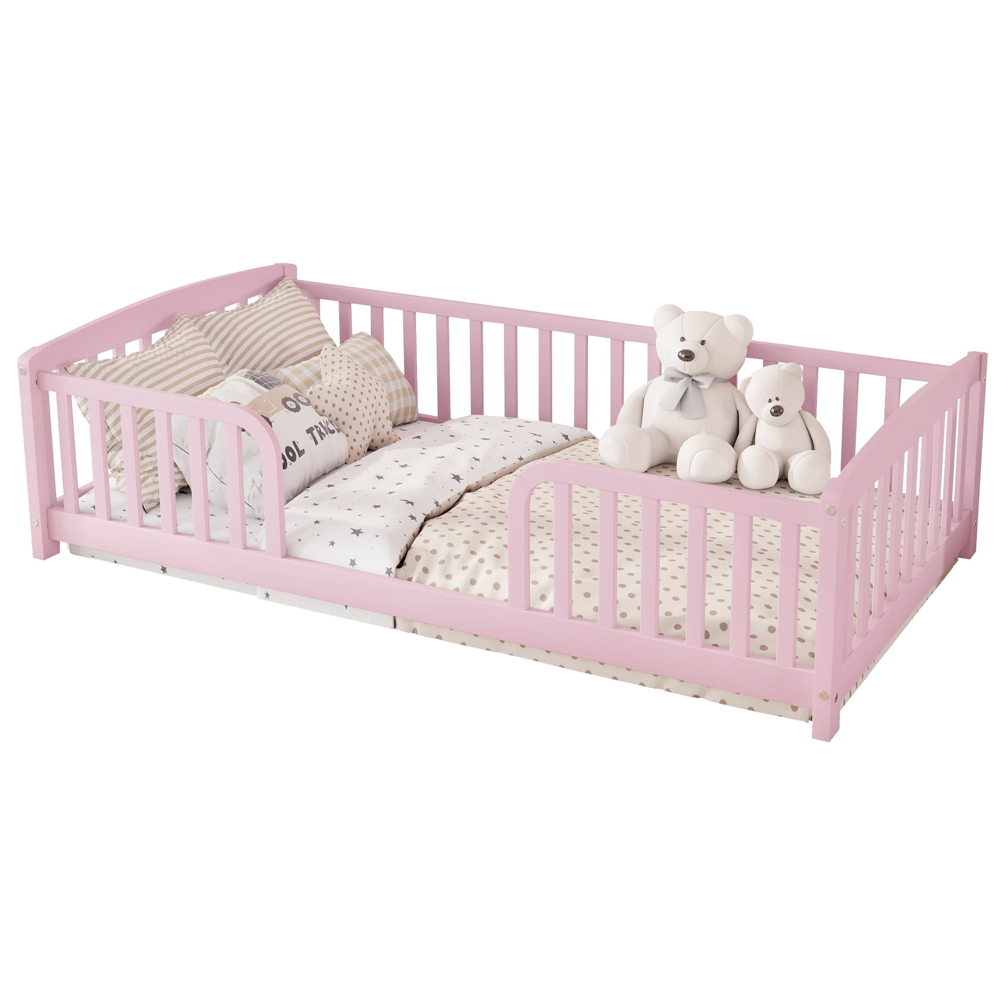 Leumius Twin Size Floor Fence Bed with Central Entrance, Pine Wood Floor Bed with Guardrails for Boys Girls Pink