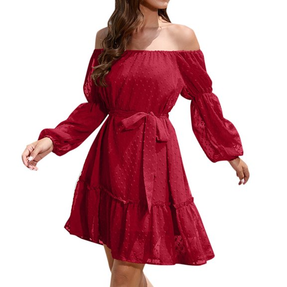 OSOLU Women Fashion Casual Solid Color Elastic Leaf Long Sleeve With Belt With Off Shoulder Chiffon Dress Fashionable Sundress Dresses For Women 2025 Elegant Classy