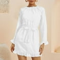 thumbnail image 2 of Sngxgn Women's Crewneck Long Sleeve Tie Waist A-Line Swing Bodycon Short Dress Casual Solid Ribbed Knit Sweater Dress(White,M), 2 of 5