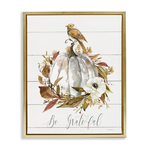 Stupell Industries Shabby Chic Be Grateful Fall Pumpkin Gold Floating Frame Canvas Art, 17 x 21, by Carol Robinson