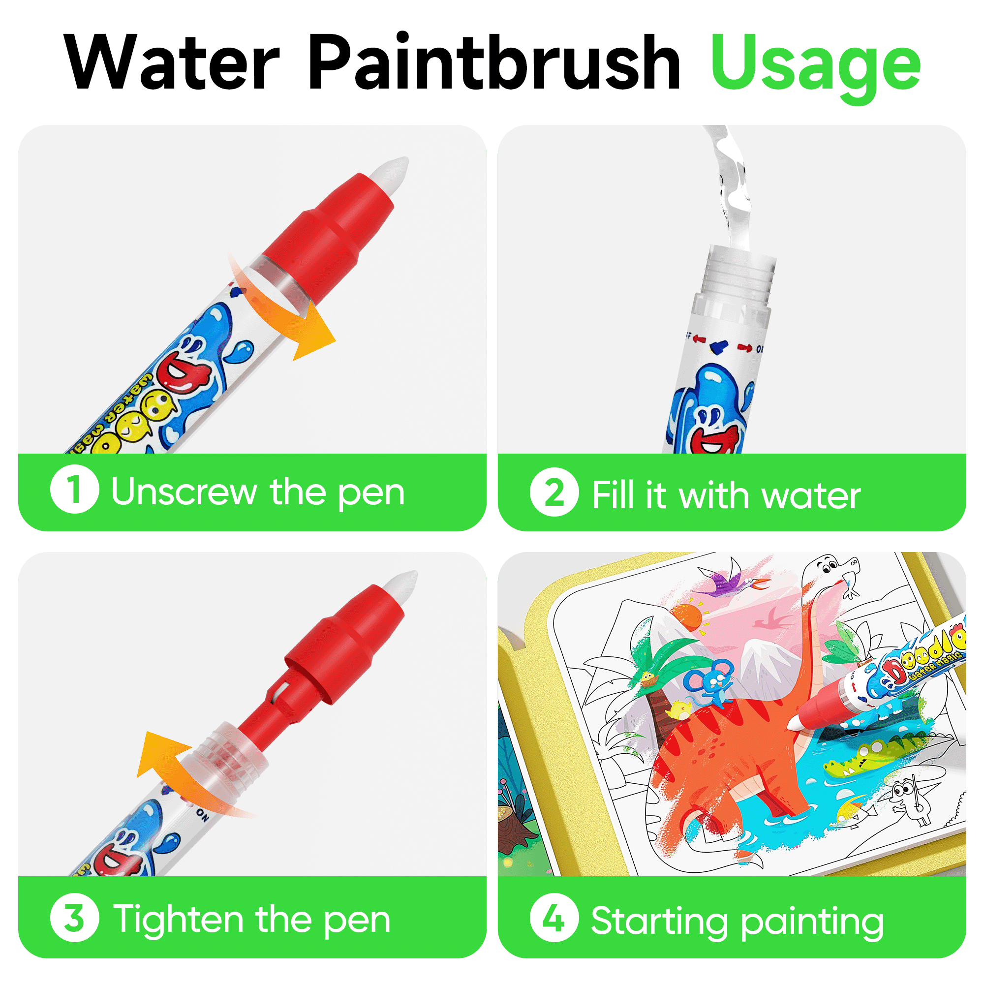 Timetome Reusable Water Painting Book - 3 Pack Magic Watercolor Books with Water Pens, 30 Coloring Book Pages for Kids Fairy Tale, Animal & Dinosaur Themes | No Mess Paint & Reusable Fun for Ages 3+