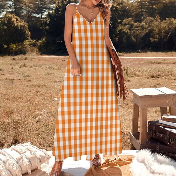 Classic Pumpkin Orange and White Gingham Check Pattern Sleeveless Dress dress elegant women's dresses for wedding
