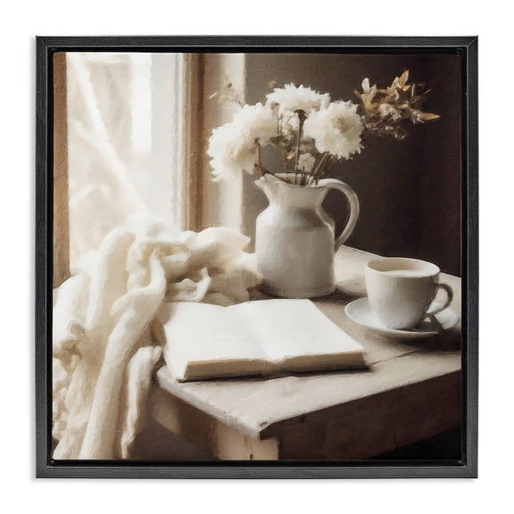 Stupell Industries Traditional Neutral Morning Coffee Journaling Black Floating Frame Canvas Art, 18 x 18, by Riley B