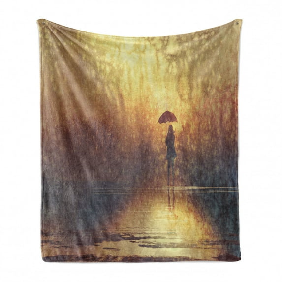 Modern Soft Flannel Fleece Blanket, Silhouette of Lonely Woman Under Rain with Umbrella Dramatic Paint Picture, Cozy Plush for Indoor and Outdoor Use, 50" x 70", Pale Caramel Yellow, by Ambesonne