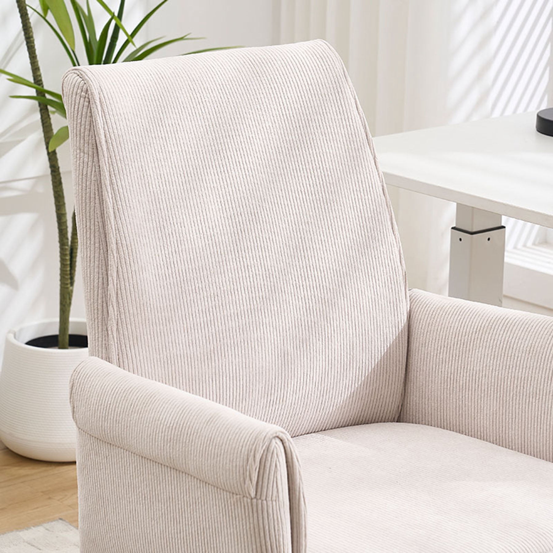 S-HOME Ergonomic Mid-Back Liftable Office Chair in Striped Fabric with Golden Base and Memory Foam Cushion , White