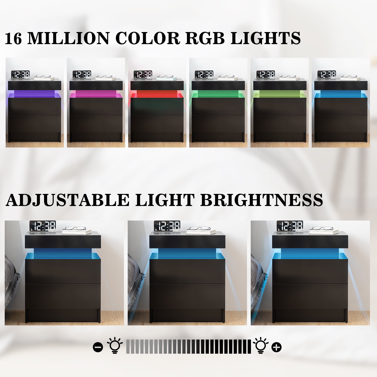 Hommpa 2 Drawer Modern Nightstand with RGB LED Light High Gloss Bedside Tables for Bedroom Black