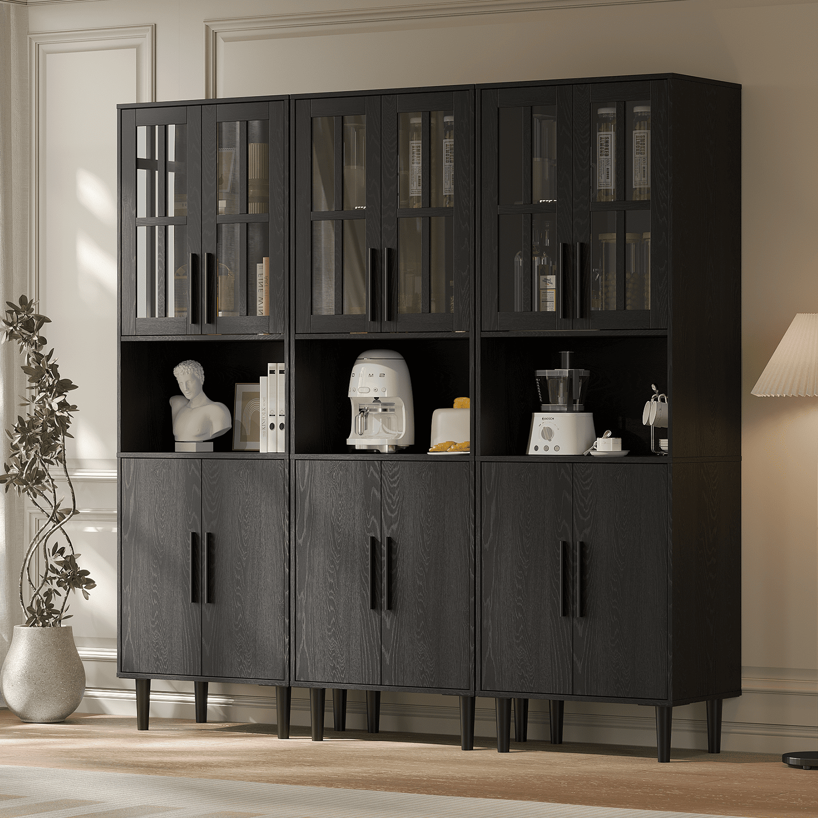 RichYa 3Pcs Bookcases with Doors,5-Tier Bookshelves with Storage Cabinet,Combination Display Cabinets for Home Office,Black(CCC)