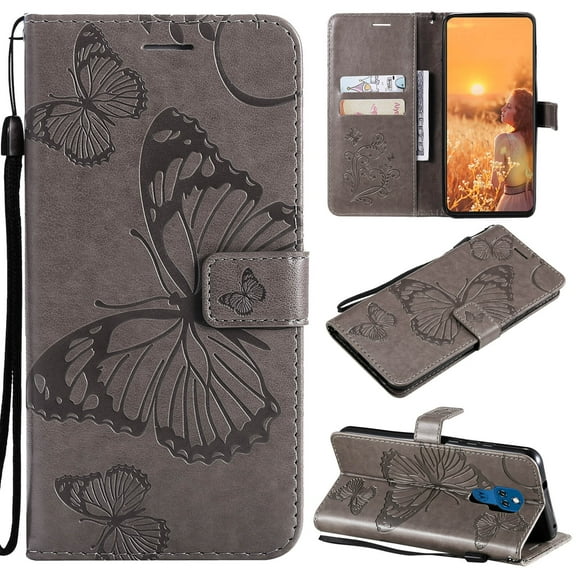 Wallet Case for Motorola Moto G Play 2021, Magnetic Flip Kickstand Emboss Butterfly PU Leather Protective Phone Cover with Wrist Strap & Card Slots, Gray