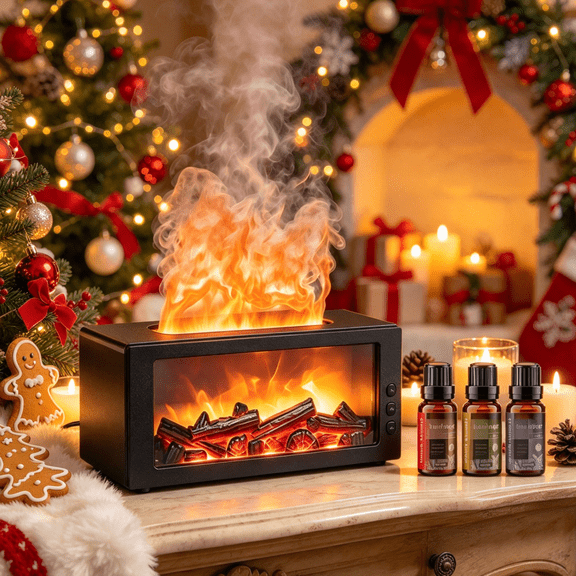 300ML Christmas Aromatherapy Essential Oil Diffuser With 3 Oils Fireplace Flame Air Humidifier LED Light 7 Colors for Home Fragrance Decoration