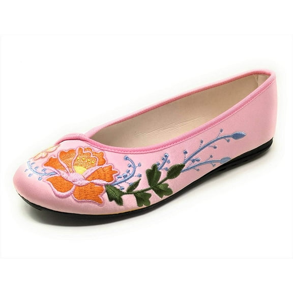 TJ Global Women's Traditional Chinese Flower Embroidery Flats - Pink Totem Style Loafers Comfortable Round Toe Ballet, Cheongsam (Size 7)