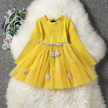 

Suokom Toddler Flower Girl Dress Winter Long Sleeve Tutu Party Dresses for Girls Knee-Length with Bow Stars Yellow XXL