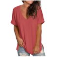 thumbnail image 2 of Women's V Neck T-Shirt Summer Short Sleeve Side Split Plain Tunic Tops Casual Comfort Solid Color Loose Tee Shirts, 2 of 5