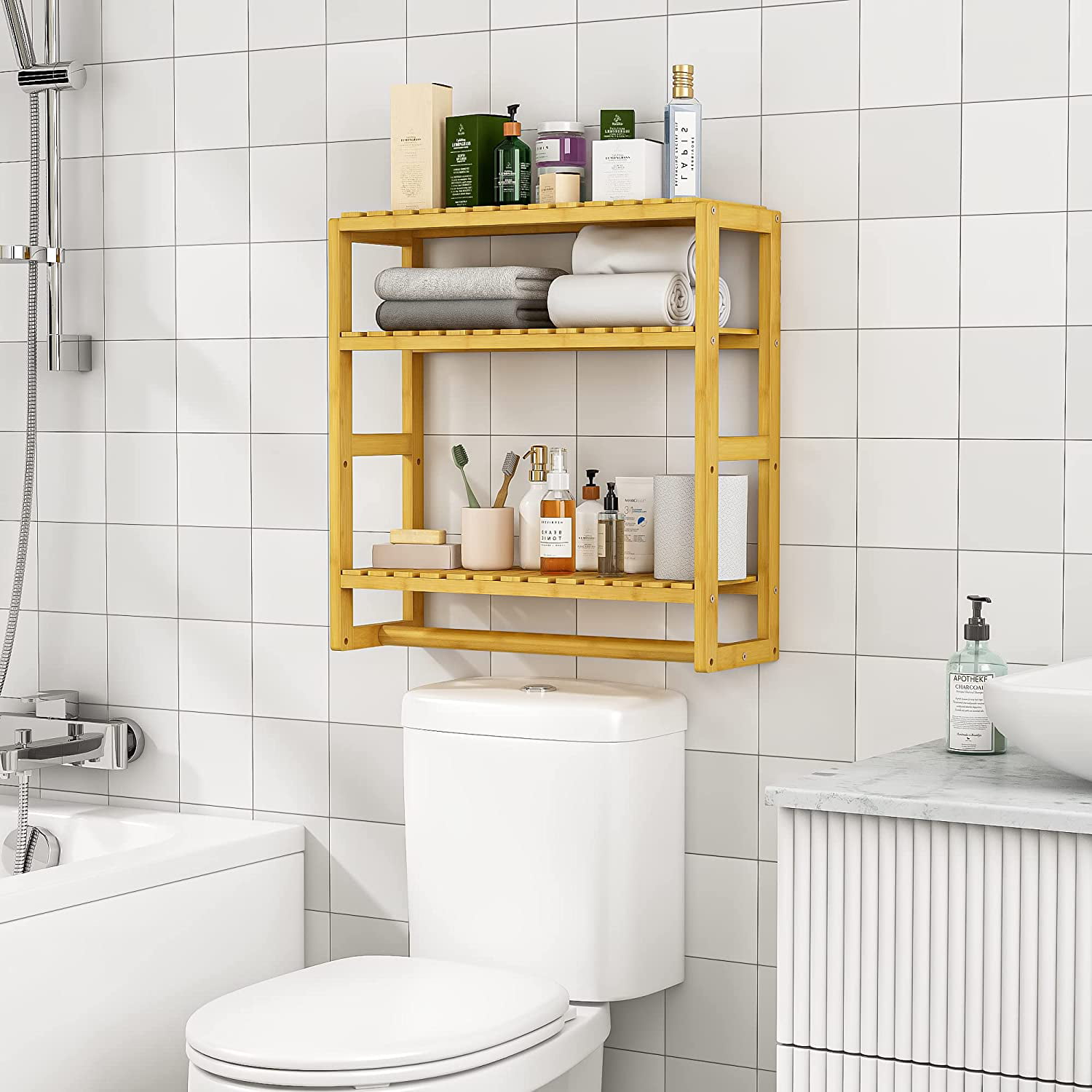 Bamboo Bathroom Shelves Organizer Shelves for Storage Black Adjustable 3 Tiers Floating Shelf Over The Toilet Storage with Hanging Rod