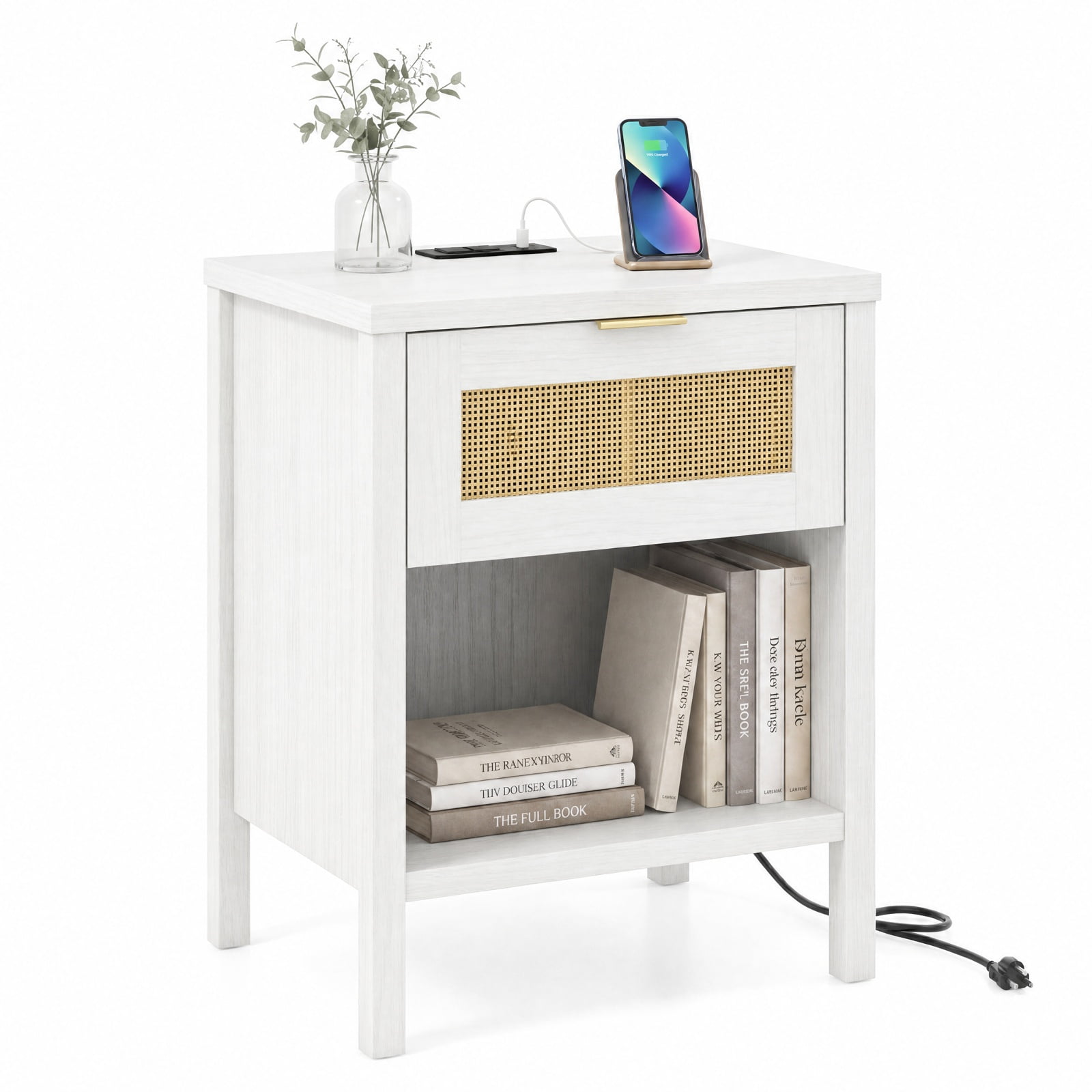 Furnibear Rattan Nightstand with Charging Station and Storage Shelf for Bedroom for Bedroom Living Room Bedside Sofa Side Small Space, White