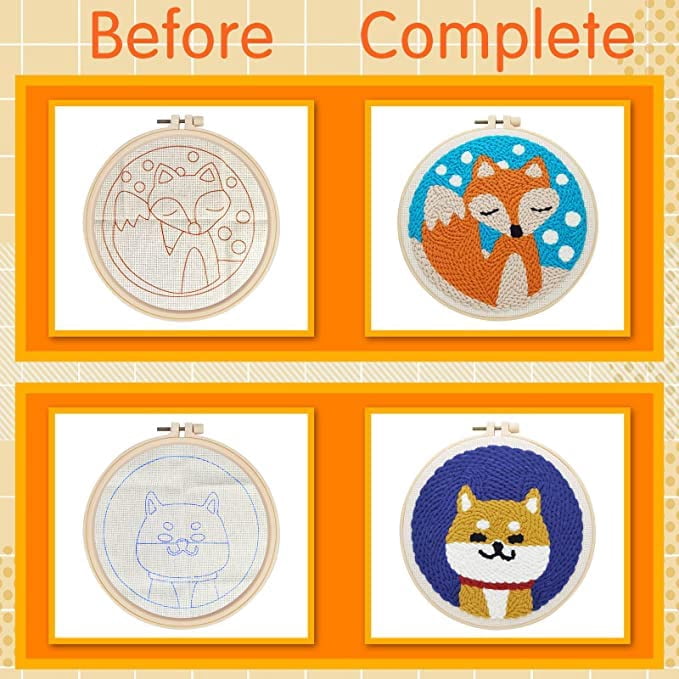 2 PCS Easy Wool DIY Craft Punch Needle Embroidery Kits Fox and Cat Animal Rug for Starter Kits with Stamped Color Pattern with Tool Sets 20x20cm