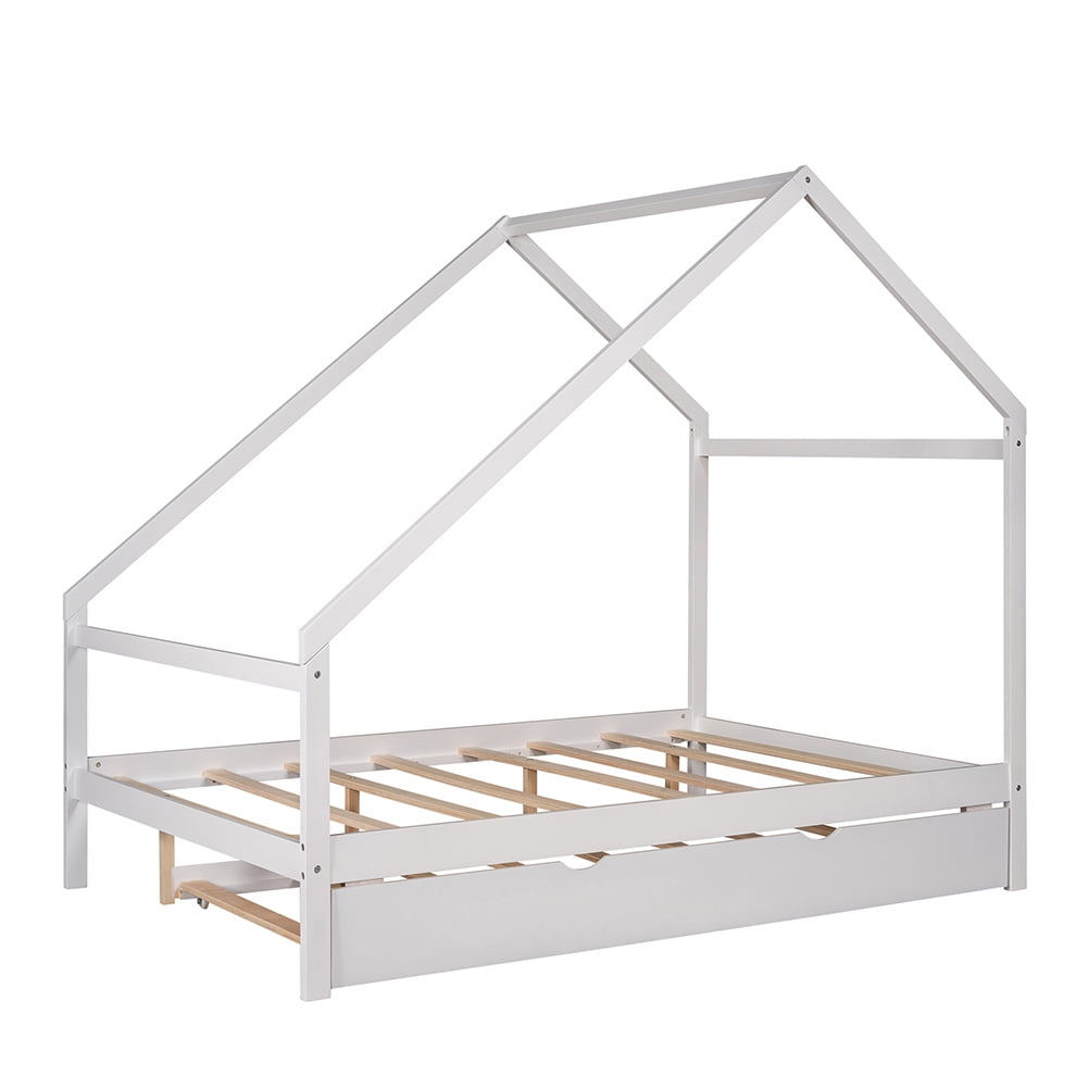 Kepooman Full-Size Wooden House Bed Frame for Kids With Twin Size Trundle, White Kepooman Full-Size Wooden House Bed Frame for Kids With Twin Size Trundle, White