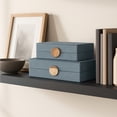 thumbnail image 2 of Faux Leather Decorative Boxes with Metal Hardware for Home Decor - Home Accents for Bedroom and Office Styling - Storage Box with Lid for Jewelry and Keepsake - Set of 2, 4", 3", Blue & Gold, 2 of 12