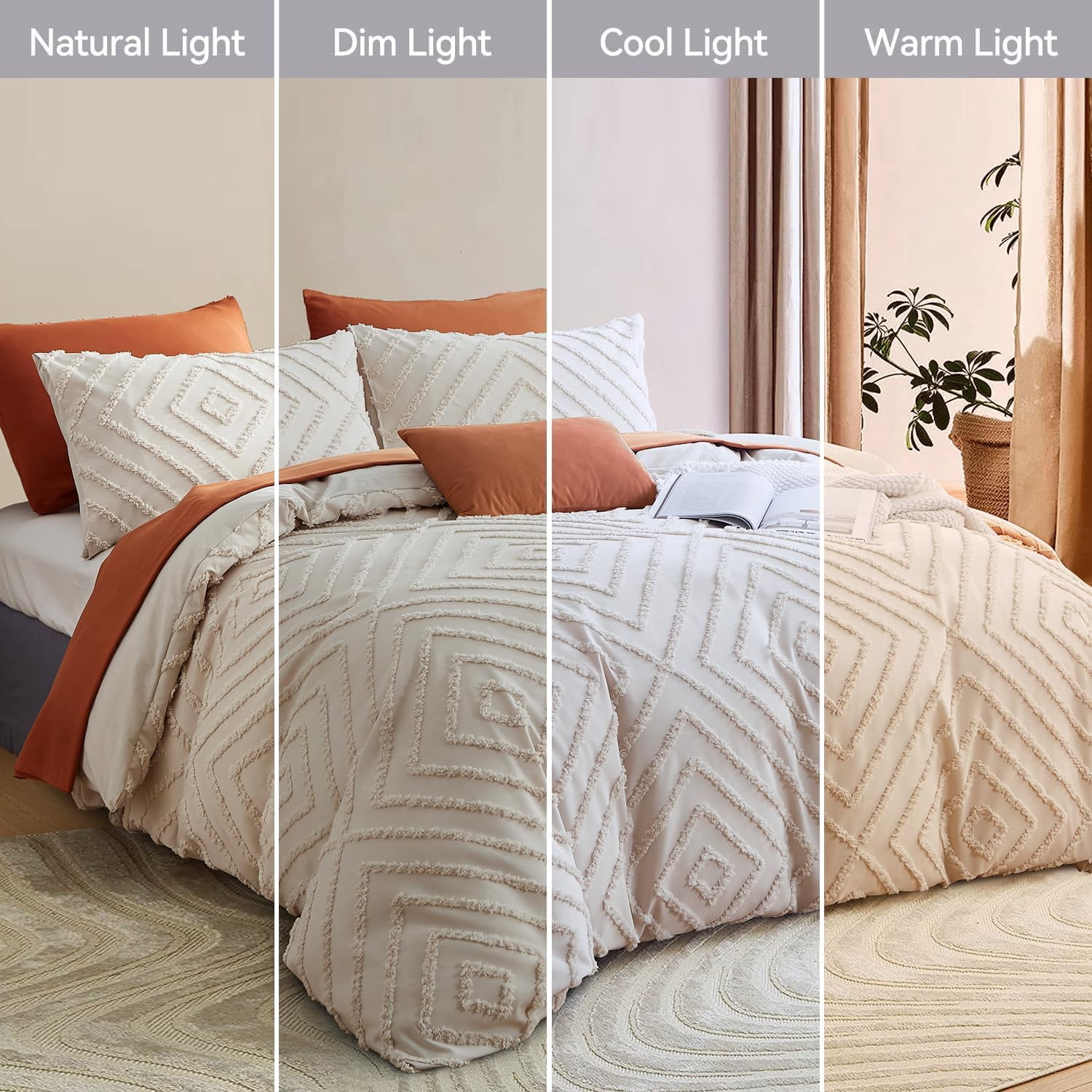 Nayoroom 3 Pieces Jacquard Geometric Pattern Tufted Duvet Cover Soft Lightweight Beige Duvet Cover Set Boho Shabby Chic Bedding Set,Queen size