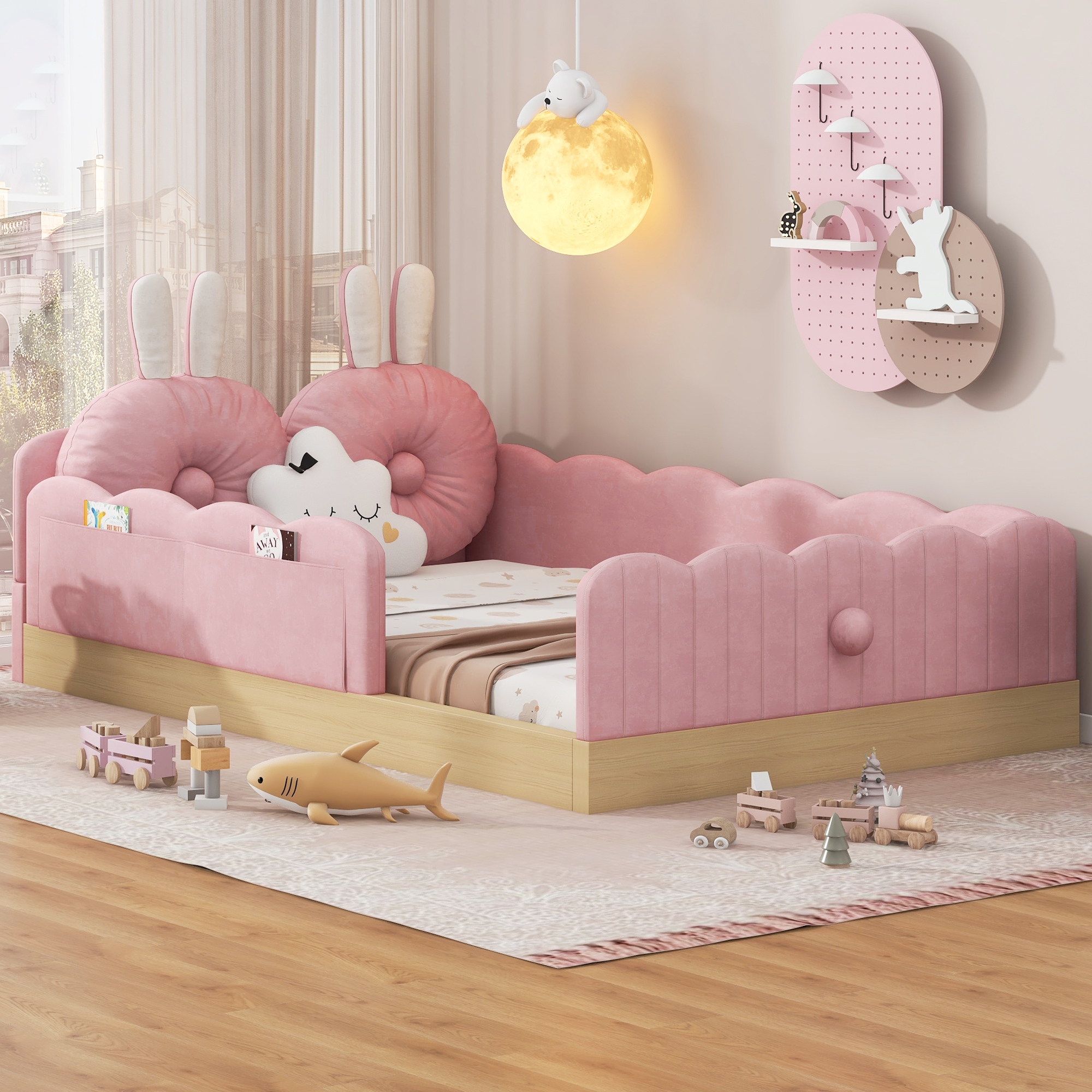 Euroco Upholstered Twin Size Platform Bed, Cartoon Floor Bed with Pillows and Storage Bags, Pink
