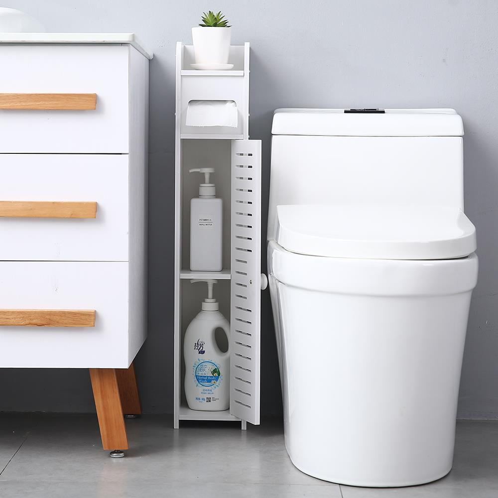 White Wooden Towel and Toilet Paper Storage Rack KUIMI Small Bathroom Storage Corner Floor Cabinet with Door and Shelves