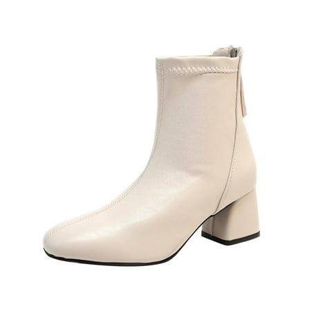 

Winter New Womens Boots Ladies British Style Solid Color Leather Back Zipper Thick High Heel Fashion Short Boots