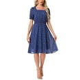 thumbnail image 1 of Vestido de Cuello Cuadrado Allegra K para Mujeres con Estrellas Metálicas, Manga Corta, Corte A, Cintura Elástica, Midi, Talla S, Azul Real, 1 of 6