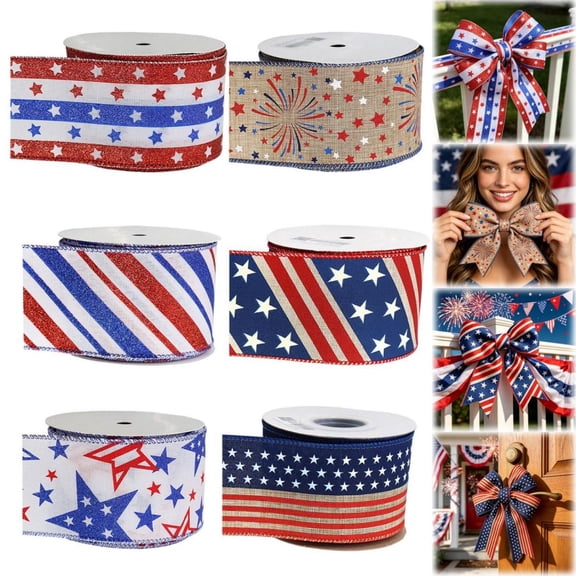 Noothes Patriotic Wired Ribbon 4th of July Ribbon Red White Blue Glitter Stripes 5 Yards for Wreaths Bows Crafts Memorial Day