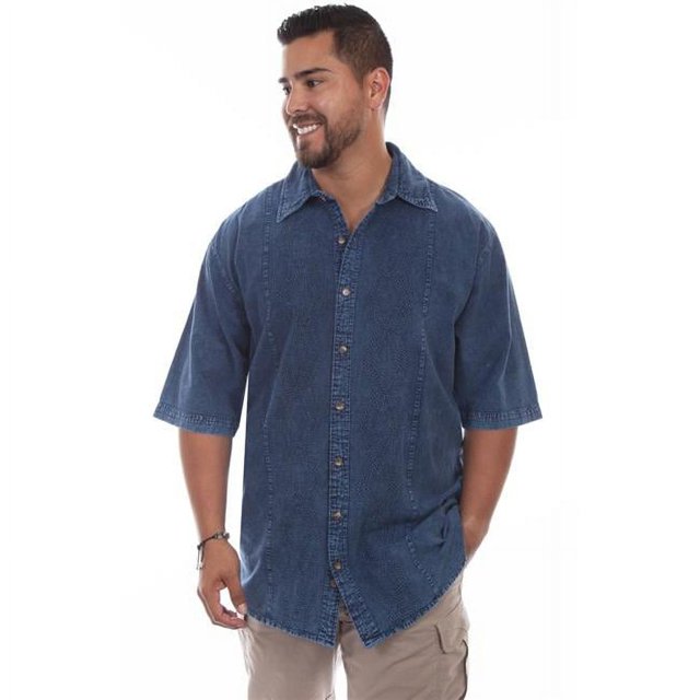 Scully 5203 DND XL Tone-On-Tone Embroidered Mens Short-Sleeved Shirt, Denim Distressed - Extra Large