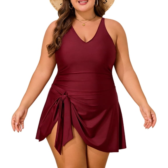 Ahabrexf Plus Size One Piece Swimdress V Neck Sleeveless Tummy Control Adjustable Straps Full Coverage Skirted Bathing Suit for Women