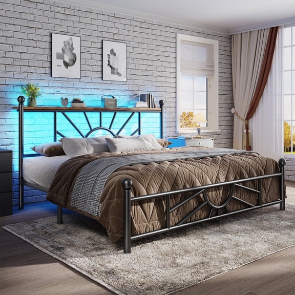 Queen Metal Bed Frame with LED Light,Headboard & Footboard,Under Bed Storage,Noise-Free Design,Easy Assembly,No Box Spring Needed, Black