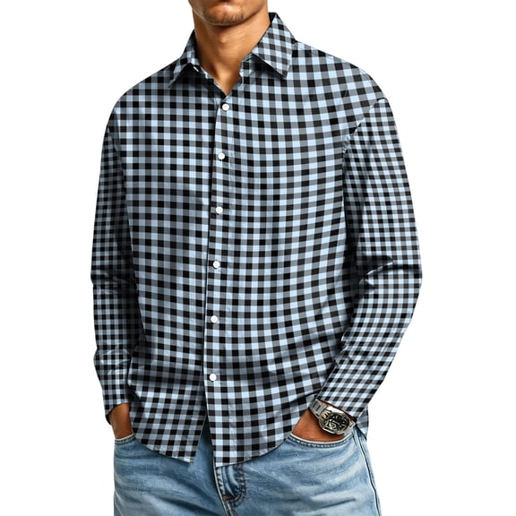 Button Up Shirt Men Long Sleeve Plaid Shirts Casual Collared Shirt Basic Fit Gingham Top Sky Blue 3XL