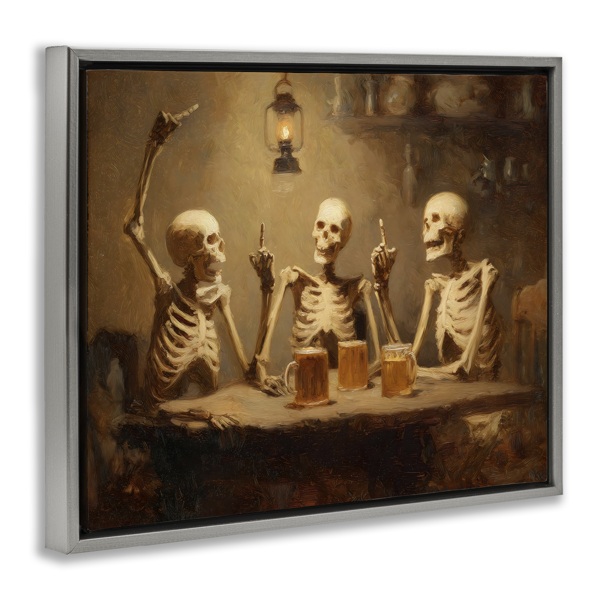 Skeletons Drinking at Tavern Gray Framed Floater Canvas Wall Art, design by Arlington Prints