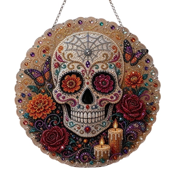 Wall Hanging Decor Sugar Skull Diamond Art for Front Door Home Gothic and Dia de Los Muertos Occasions Single Piece Hanging Ornament