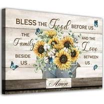 Farmhouse Floral Canvas Pictures Inspirational Wall Art Sunflowers Cotton Painting Artwork Bless The Food Before Us Prints for Living Room Kitchen Dinning Home Decor Framed Ready to Hang12"x16"