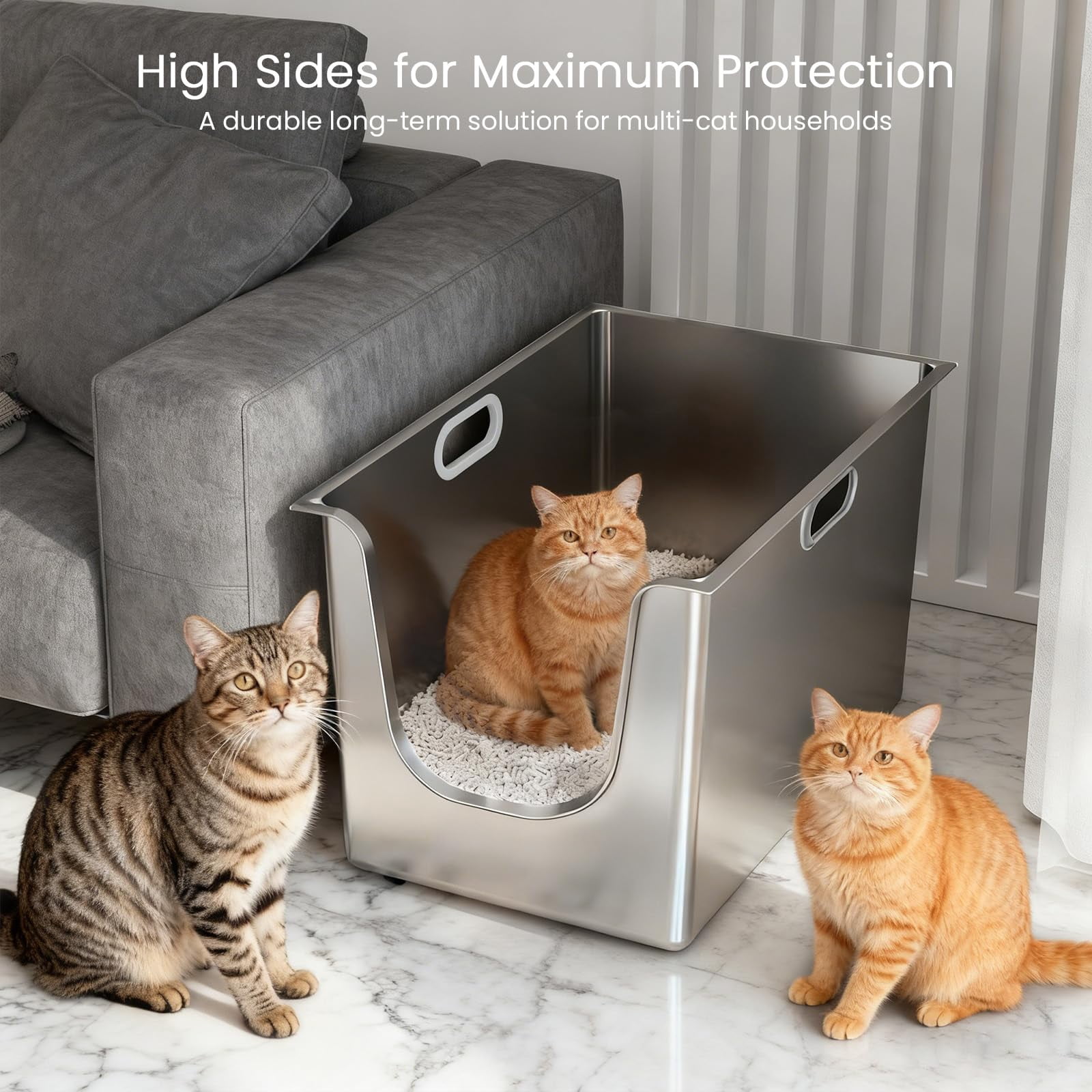Stainless Steel Litter Box 11.8'' High Sides  Xl Metal Cat With Curved Low Entry Pan For Big & Multiple Cats Pet Toliet Handy Wheels Easy Moving