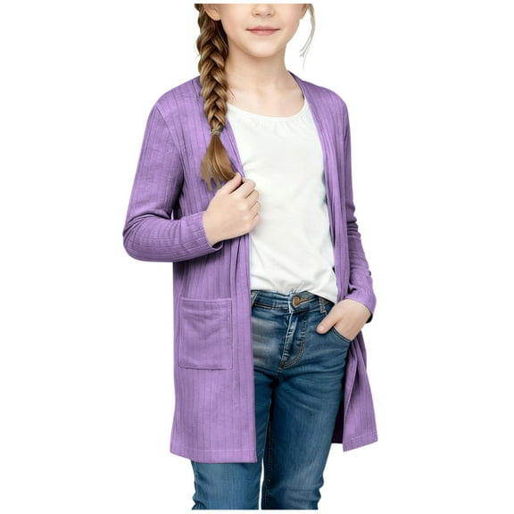 dazeni Girls Lightweight Long Sleeve Cardigan Solid Casual Ribbed Knit Open Front Cardigans with Pockets Spring Clothes Purple 9 Years
