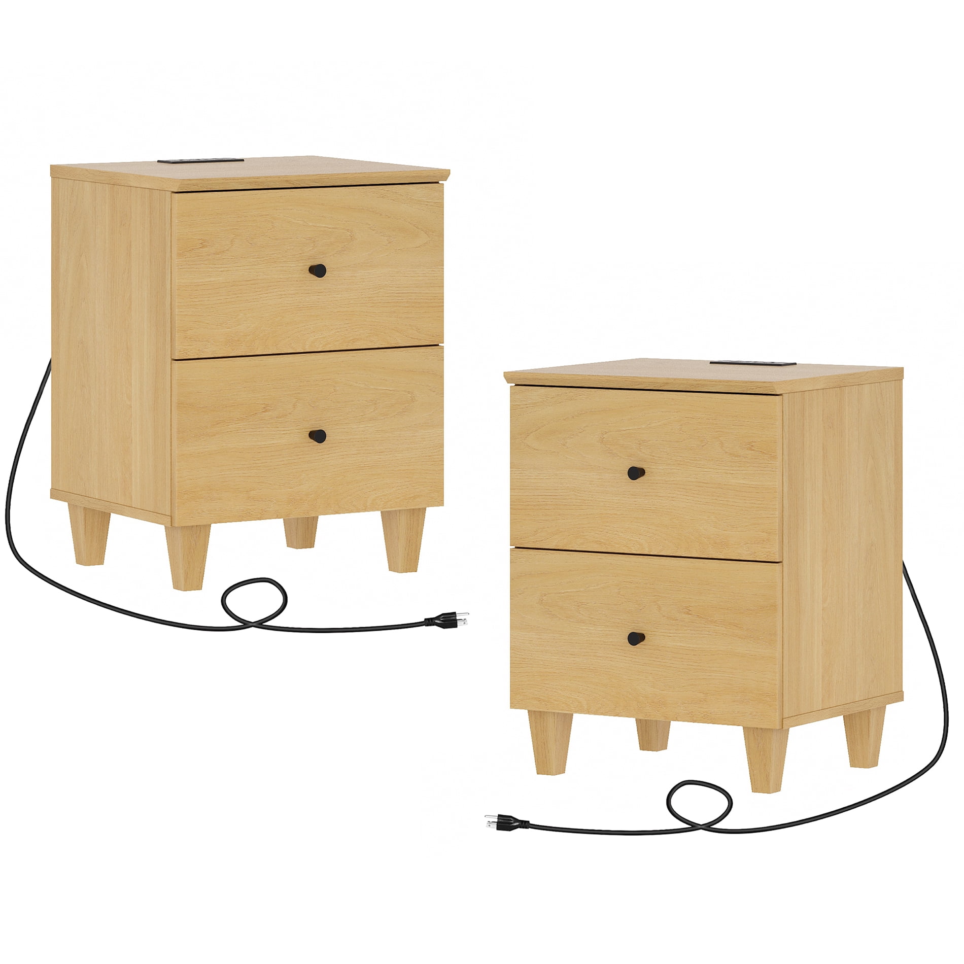WAMPAT Modern Nightstands Set of 2, Wooden Bedside Tables with 2 Large Drawers and Charging Station, Small End Tables for Bedroom, Oak Wood