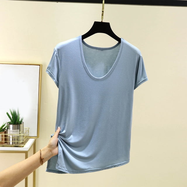 JMKQLZ T-shirt Décontracté pour Femmes à Manches Courtes, Col Rond, Fendu, Couleur Unie, Blouse de Maison