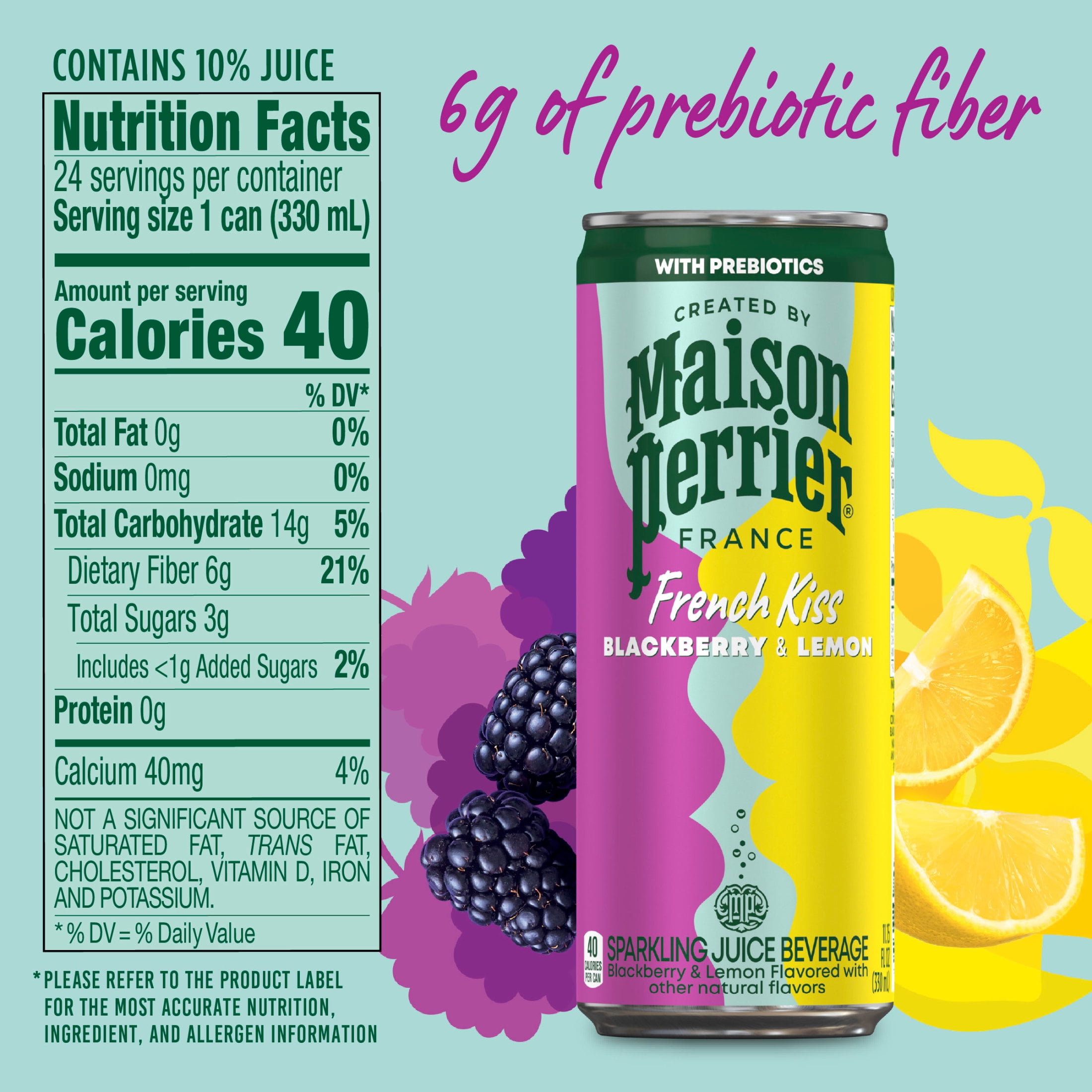 Maison Perrier French Kiss Sweetened Sparkling Water, Blackberry & Lemon Flavors with Real Fruit Juices, 24PK