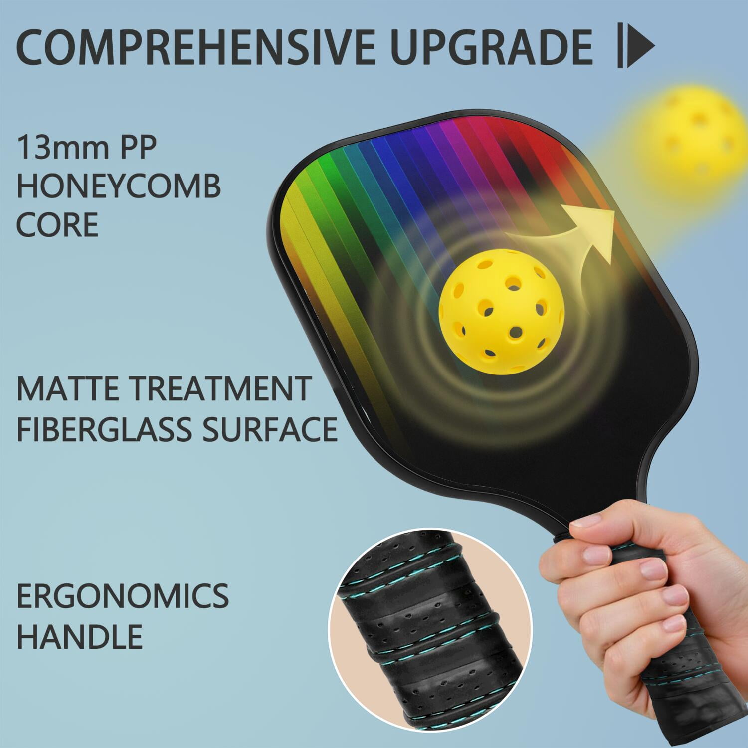 Pickleball Paddles Set Of 1, Fiberglass Surface, Vibrant Rainbow Print, 1 Paddle, 2 Balls & Bag