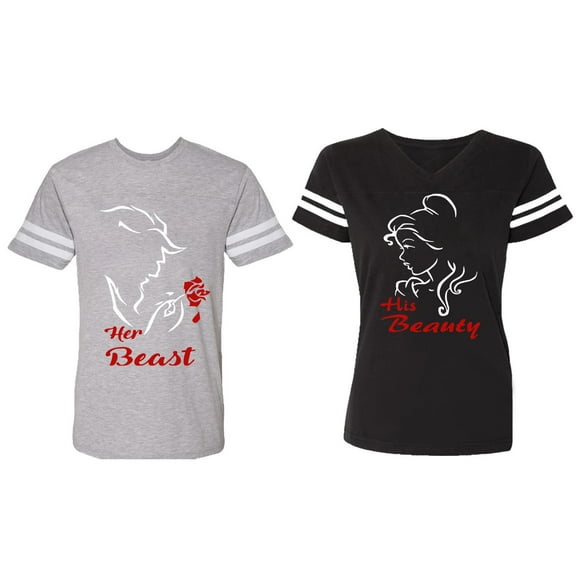 Her Beauty His Beast Matching Couple Cotton Jerseys (Men Heather / Women Black) (Men S / Women S)