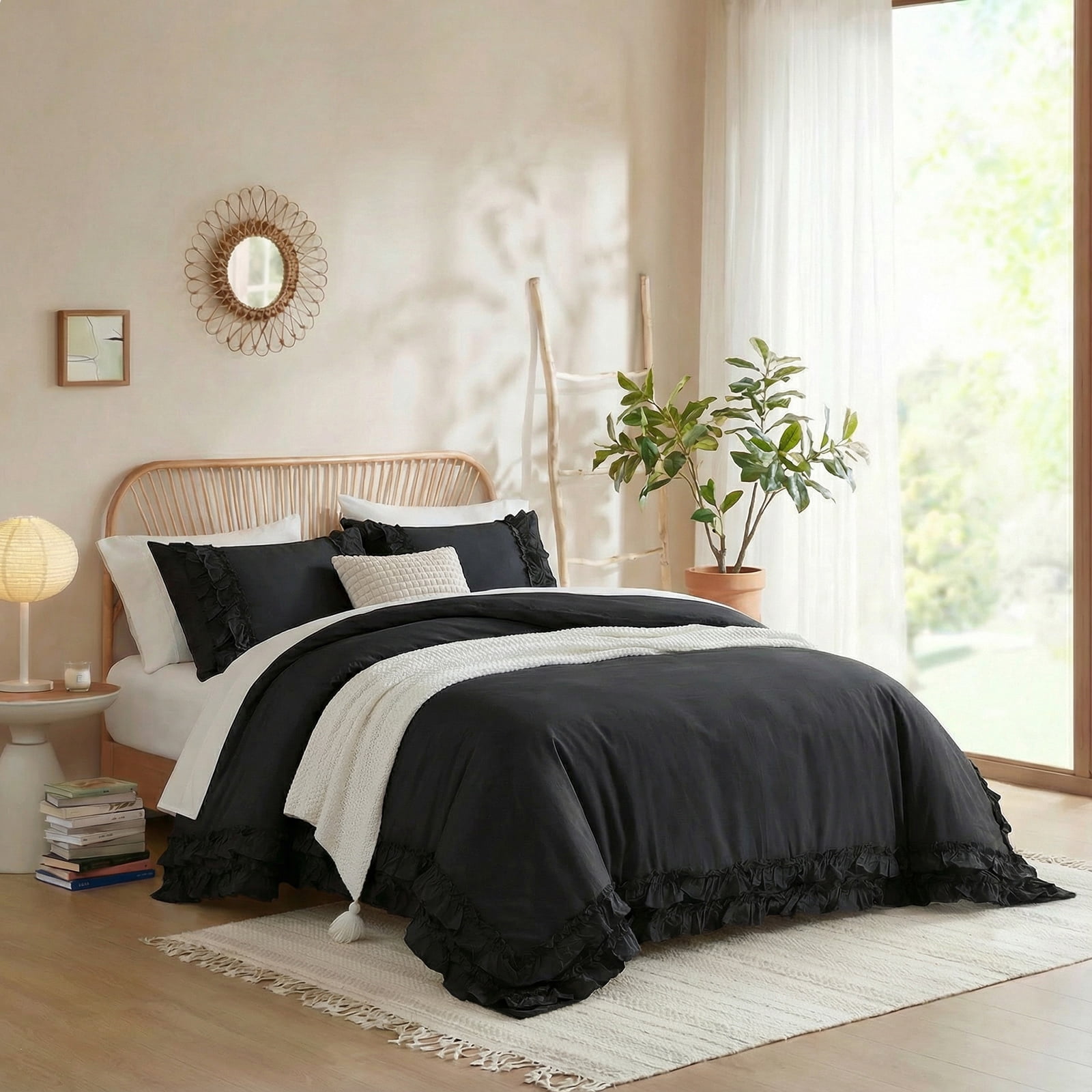 100% Cotton Ruffled Comforter Set Queen, White Shabby Chic Farmhouse Bedding Set French Country Cute Comforter Set
