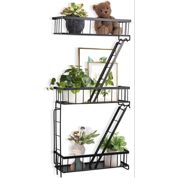 Fire Escape Wall Shelf - New York Decorative Ladder Shelf, Wall Art Floating Shelf Black Metal Shelves for Bedroom, Home Office Storage and Display (3-Tier)