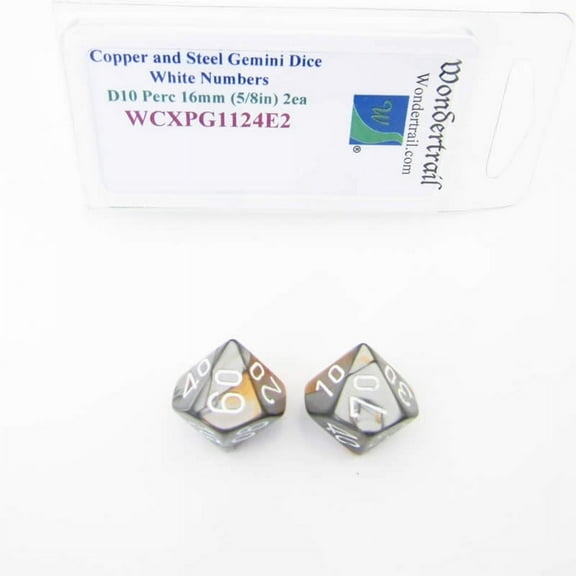 Copper and Steel Gemini Dice with White Numbers 10s D10 Aprox 16mm (5/8in) Pack of 2 Wondertrail