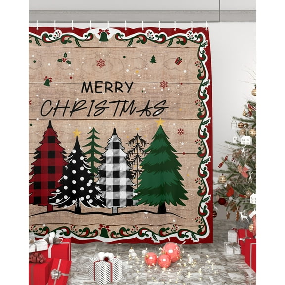 Xmas Tree, Waterproof Fabric Shower Curtain, Christmas Farmhouse Snowflake Dot Plaid Berry Shower Curtain for Bathroom Curtains Bathtubs Hotel Washable Shower Curtains with 12 Hooks Stall 54x78in