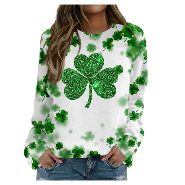 Xuyuer Women's Round Neck St. Patrick's Day Printed Long Sleeve Shirts Sweatshirt - Festive Holiday Graphic Pullover Top for Seasonal Parties, Gift Exchanges and Cozy Spring Summer Wear