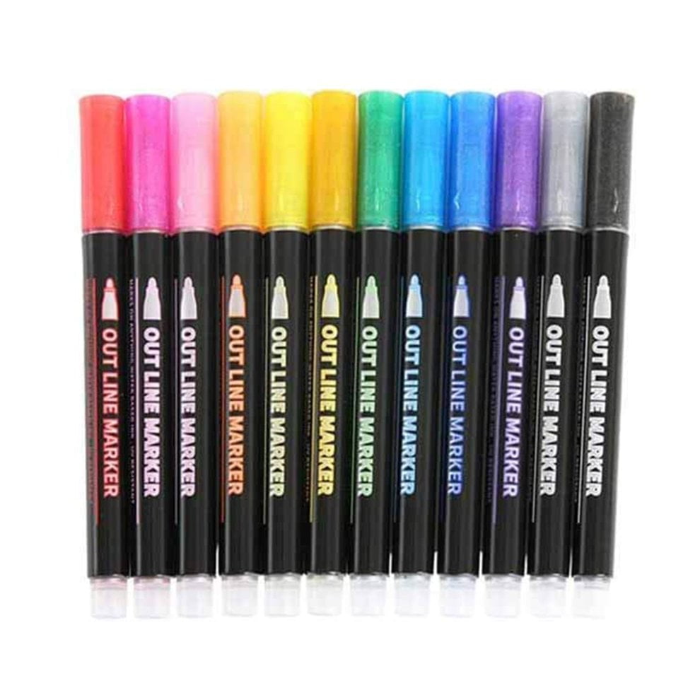 Double Line Outline Marker Pens 12 Colours Metallic Outline Markers 