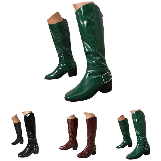 Dakaela Women's Knee High Boots Square Toe Buckle Motorcycle Riding Boots Comfortable Pull on Fall Winter Party Dress Shoes