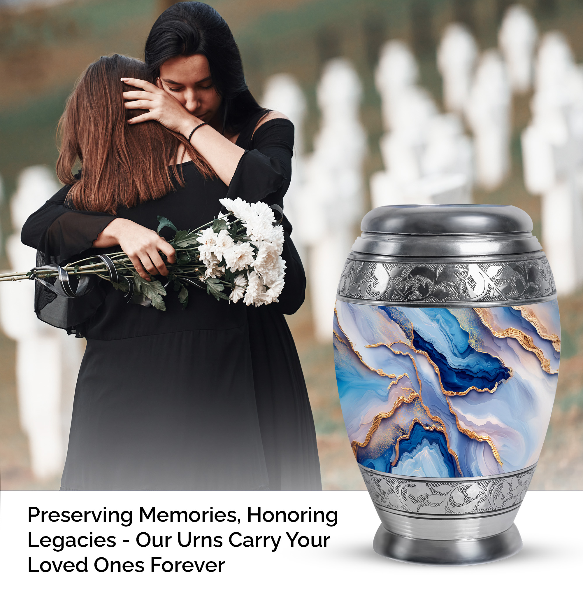 SABURIAL Blue Cremation Urns for Adult Ashes Male - Decorative Urns for Mom & Dad Ash - Cremation Urn for Human Remains - Handcraft Urn for Adult Female - Large Size 10 Inch with Velvet Bag