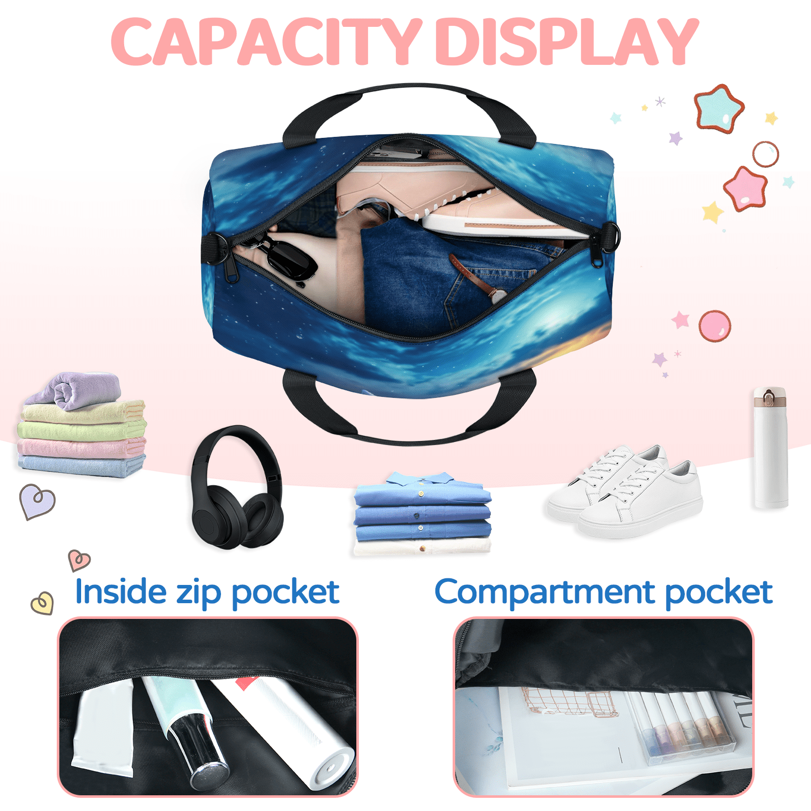 Herdesigns Nautical Coastal Gym Bag for Women, Starfish Seashell Coral Beach Duffle Bag for Travel Sport, Lightweight Waterproof Carry on Weekender Overnight Dance Yoga Workout Bags